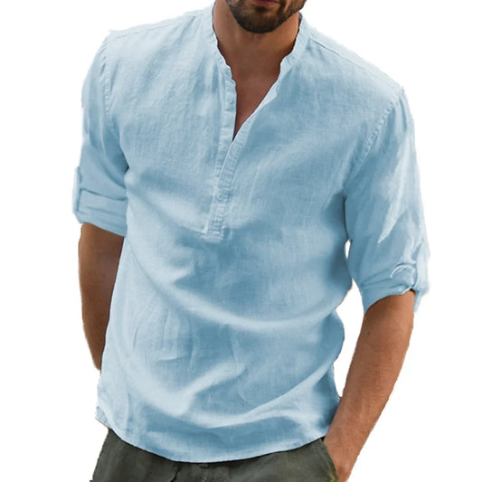 RBB Men’s Cotton Linen Long Sleeve Shirt – Summer Solid Color, Stand-Up Collar