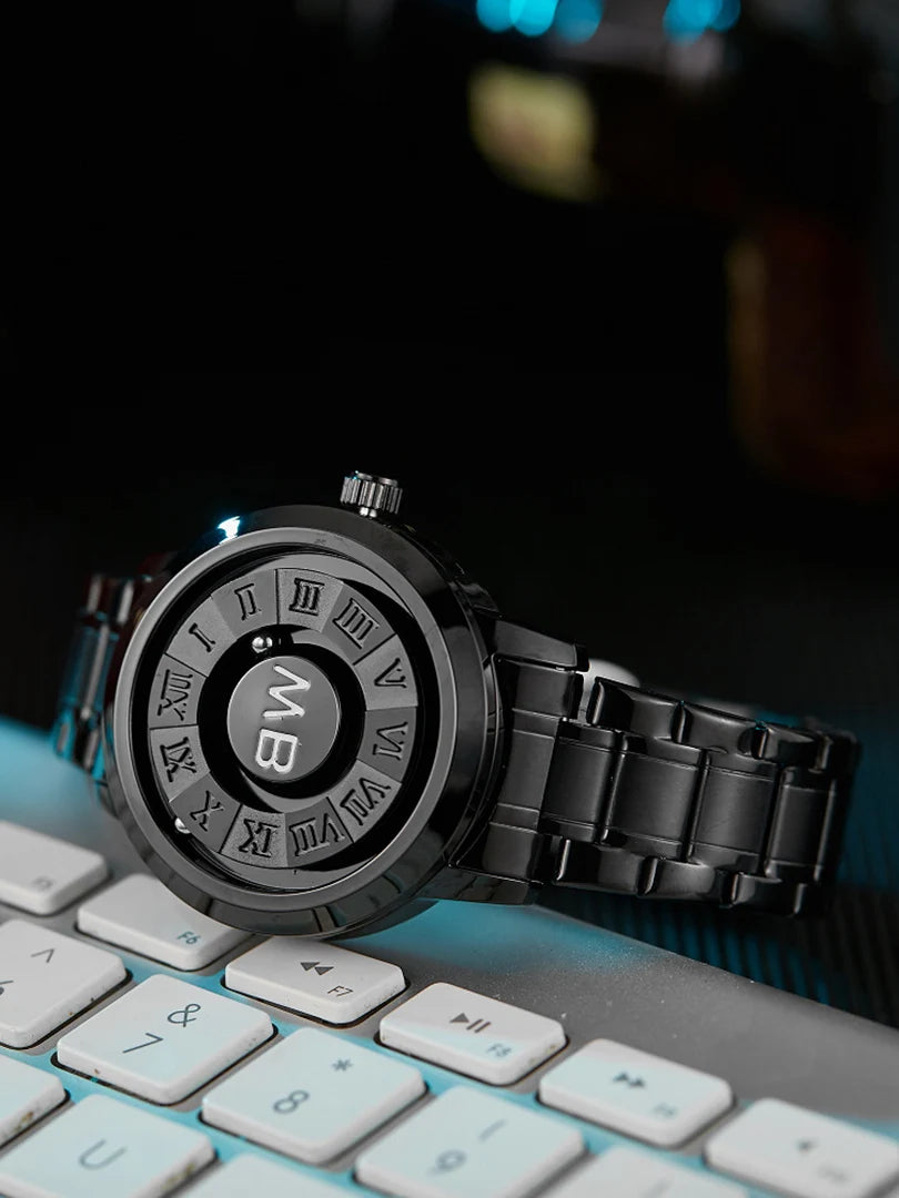 RBB New Men’s Black Stainless Steel Quartz Wristwatch – Magnetic Bead Pointer, Conceptual Dial, Casual Style