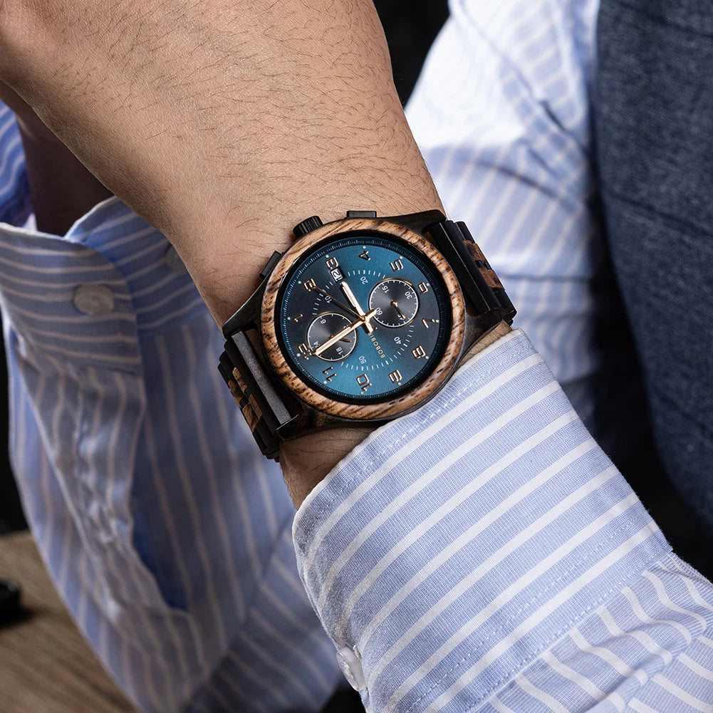 RBB Wooden Chronograph Watch for Men – Luminous Hands, Natural Wood Design, Anniversary Gift