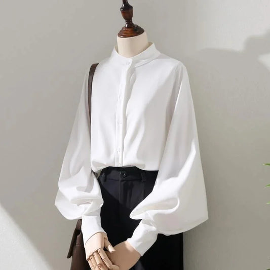 RBB Women's Lantern Sleeve Blouse – Elegant Stand Collar Loose Shirt for Spring & Autumn