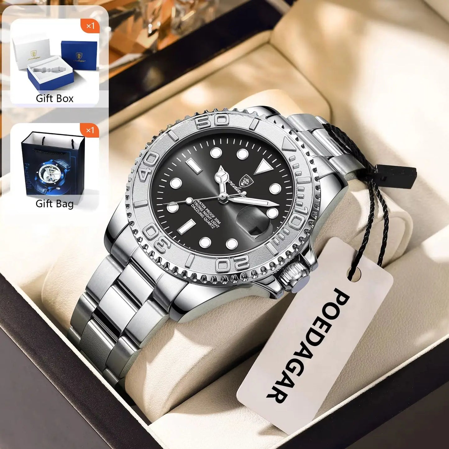RBB Men’s Waterproof Luminous Stainless Steel Quartz Watch – Business Date Wristwatch with Gift Box