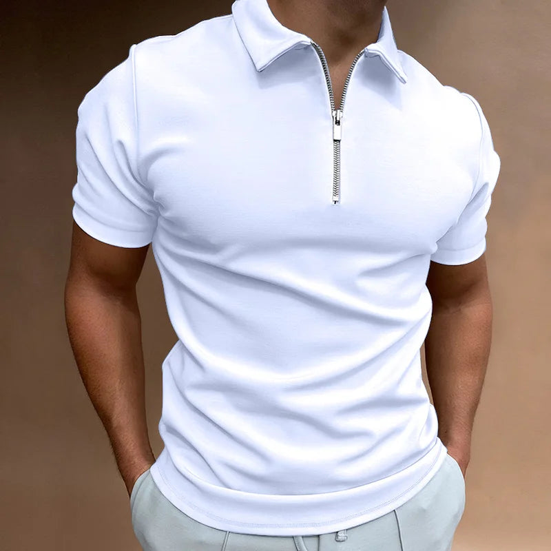 RBB Men’s Summer Solid Color Polo Shirt – Casual Short Sleeve Zipper Collar Streetwear Top