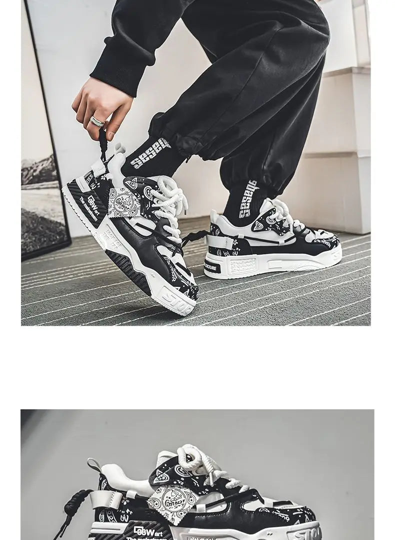 Men’s 2025 Platform Sneakers – Trendy Graffiti Skateboard Lace-Up, Soft Sole, Non-Slip Outdoor Sports Shoes