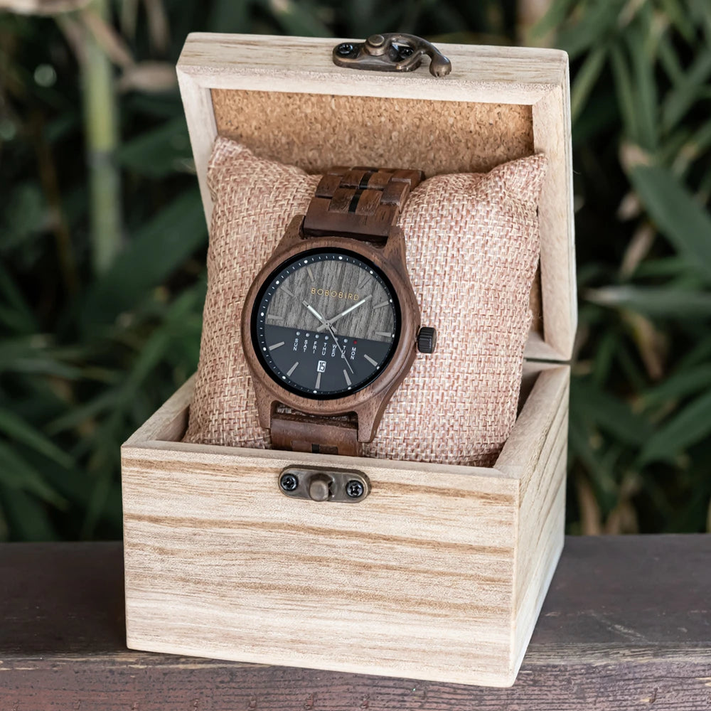 RBB Men's Wooden Quartz Watch – Unique Design with Week & Date Display