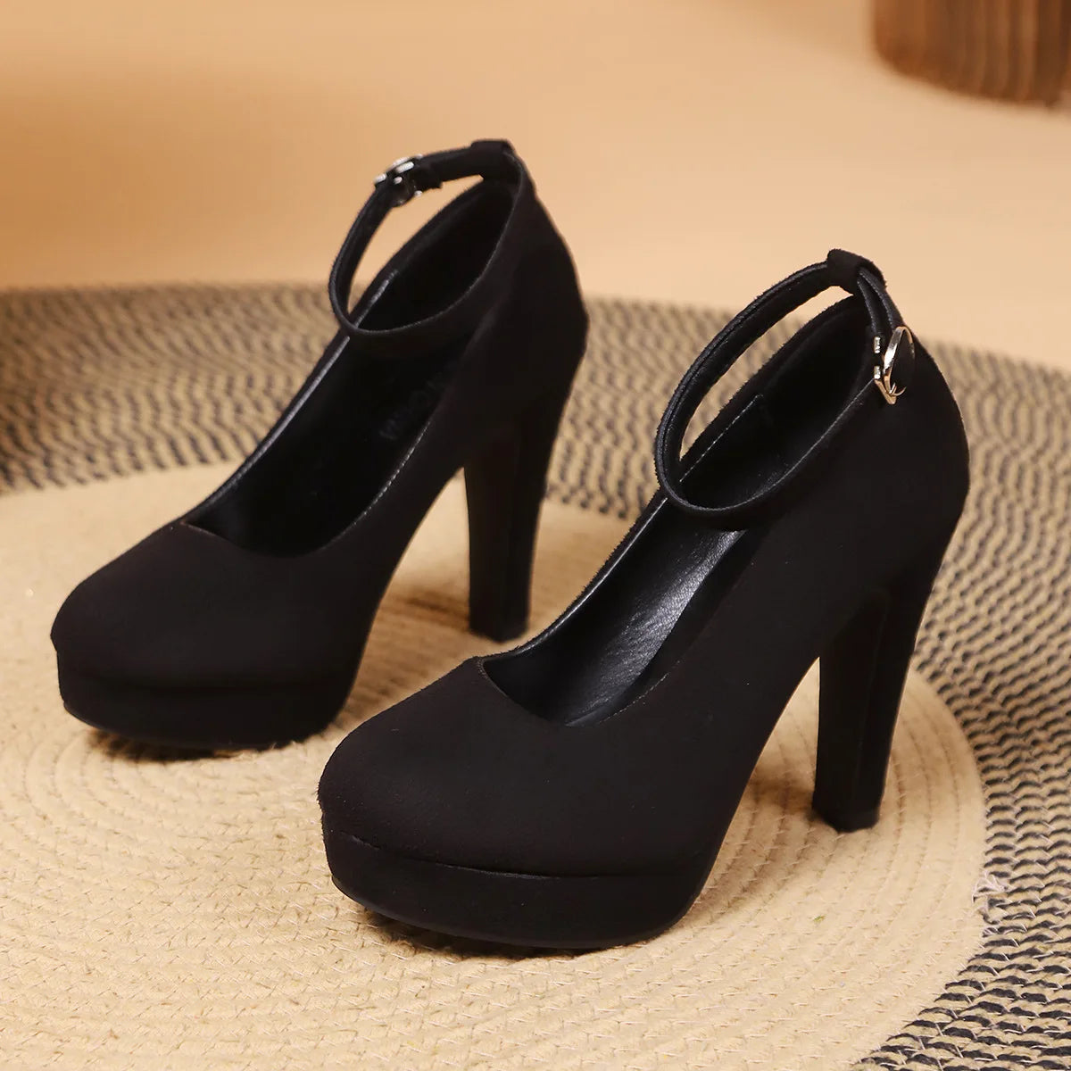 RBB Large Size 42 Sexy Super High Heels Women’s Ankle Buckle Chunky Platform Pumps — Black Flock Square Heel Party Shoes