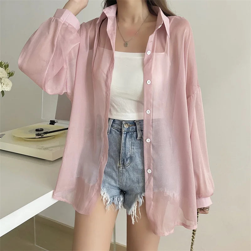 RBB Women’s Semi-Sheer Shimmer Long Sleeve Shirt – Lightweight Button-Down Collared Top for Spring/Summer