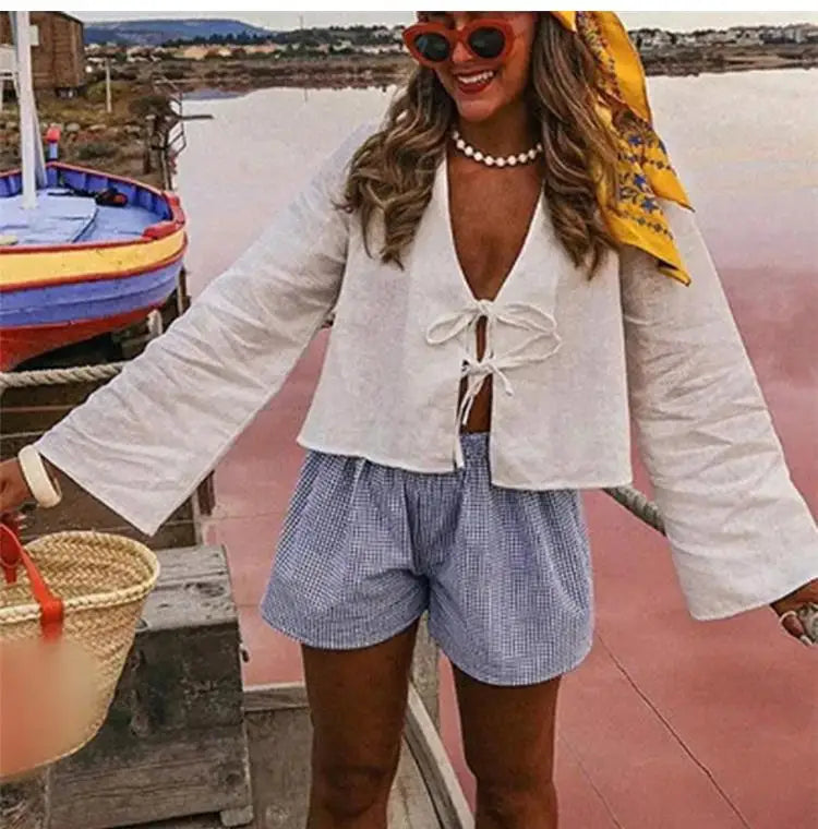 RBB Women's Elegant Lace-Up Bow Shirt – V-Neck Long Flare Sleeve Top