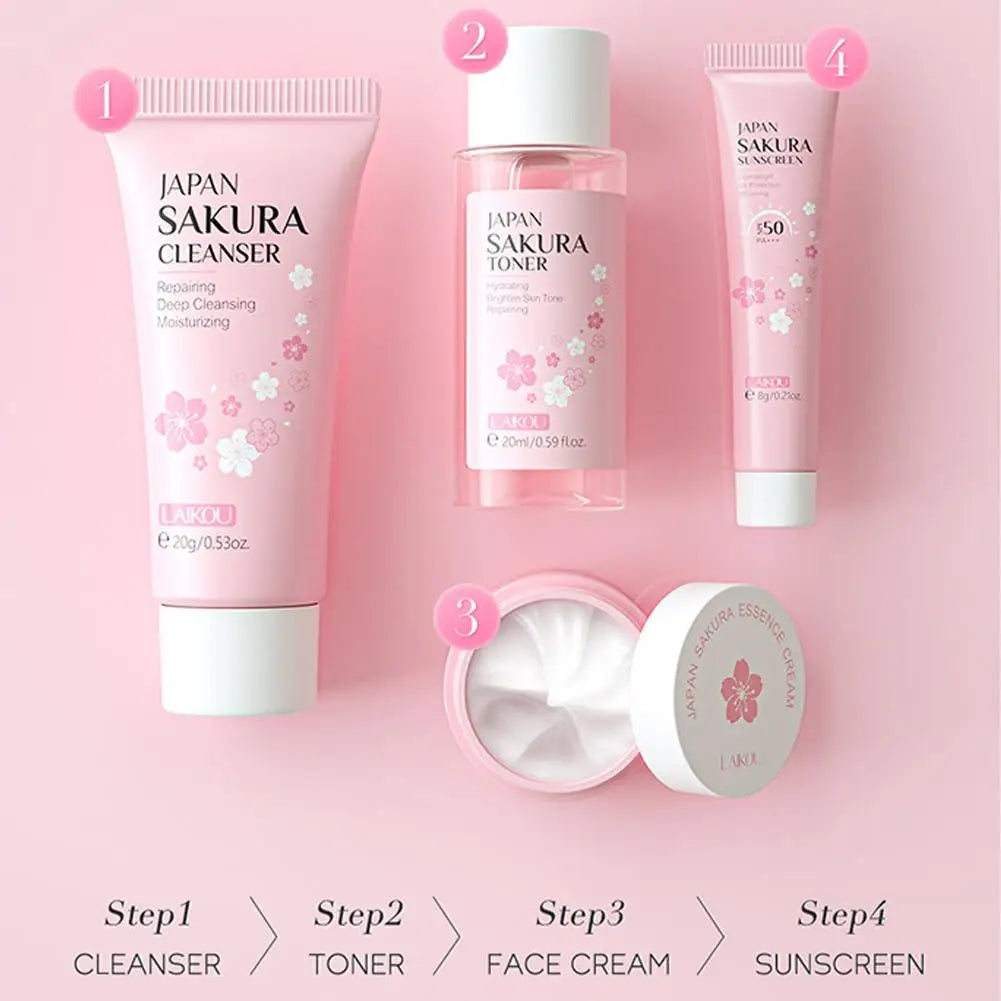 Sakura Skin Care Set – Cleanser, Serum, Toner, Sunscreen & Cream for Women