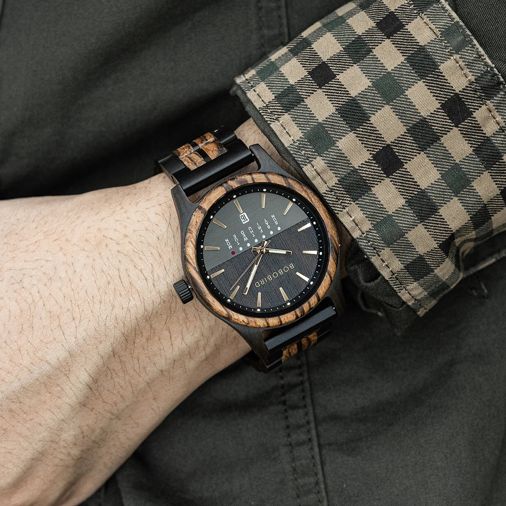 RBB Men's Wooden Quartz Watch – Unique Design with Week & Date Display