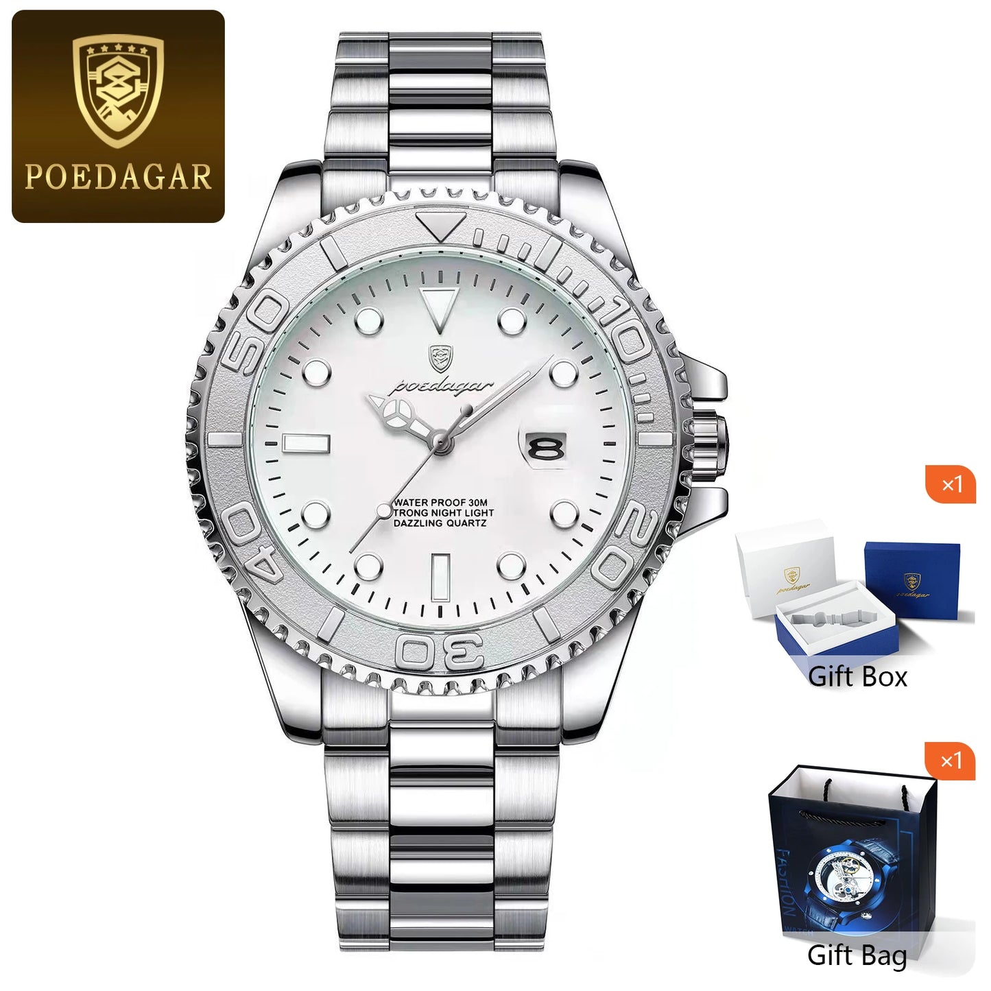 RBB Men’s Waterproof Luminous Stainless Steel Quartz Watch – Business Date Wristwatch with Gift Box