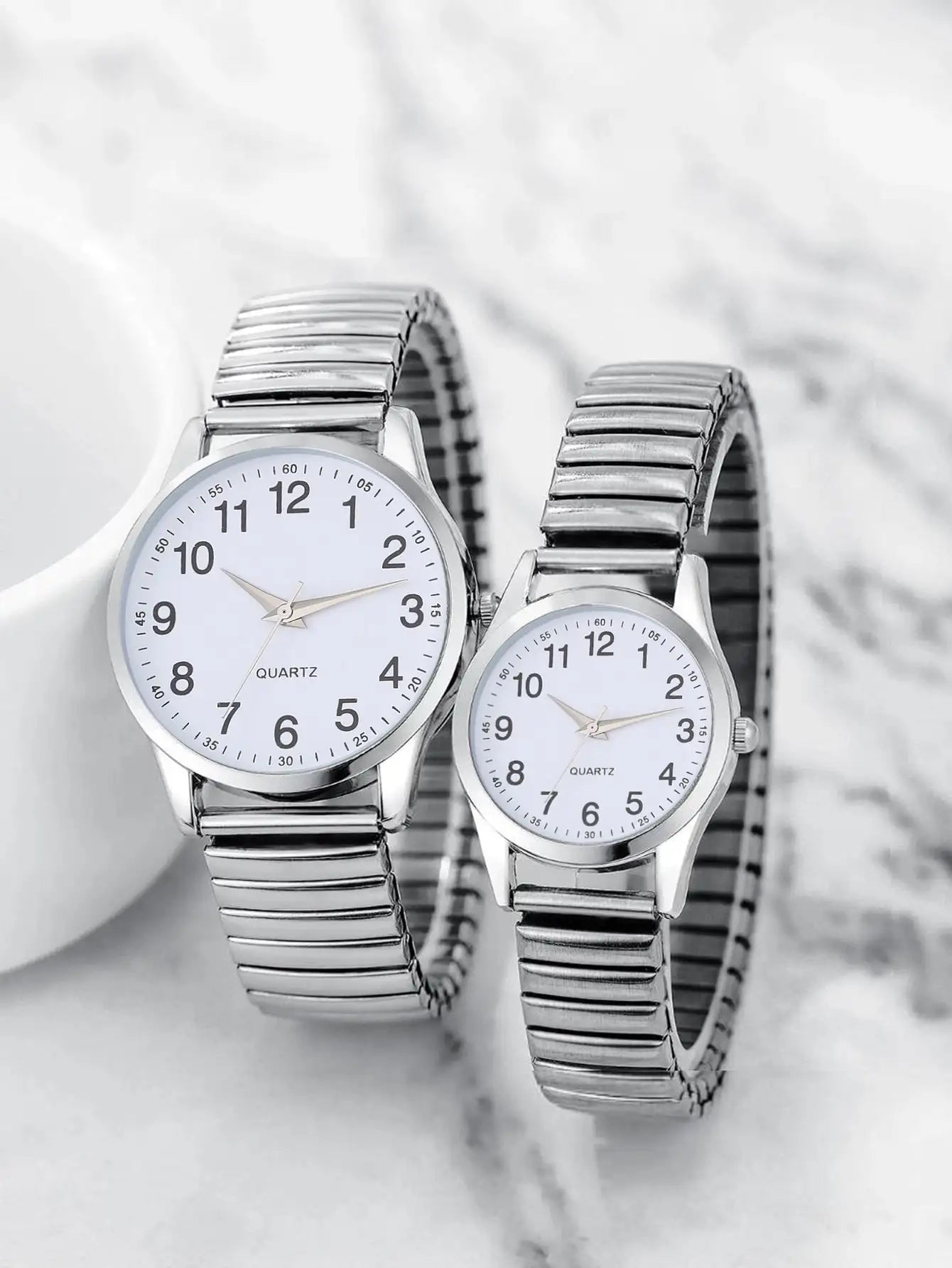 RBB 2PCS Unisex Black Quartz Watch Set – Elastic Band, Arabic Numerals, Matching Couple Watches