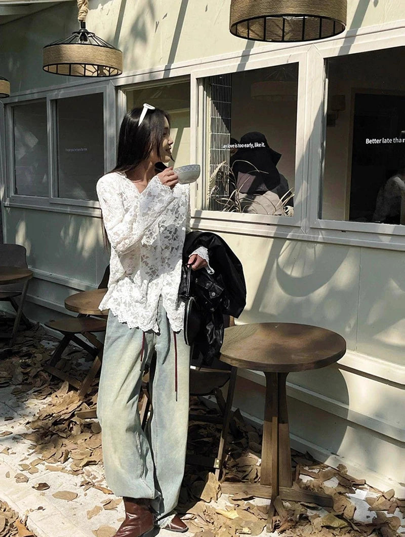 RBB Women's Y2K Lace Sheer Shirt – Sexy Hollow-Out Long Sleeve Streetwear Top