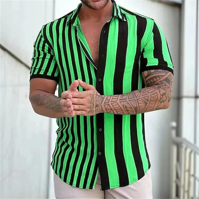 RBB Men's Striped Short Sleeve Button-Up T-Shirt – Turn-Down Collar Casual Summer Fashion Top