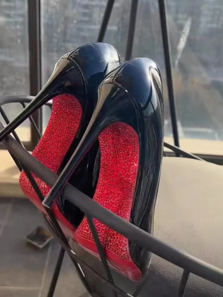 RBB Rhinestone Black Patent Pointed-Toe High Heels – Sexy Slim Wedding & Party Pumps