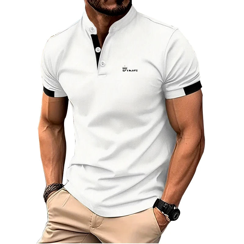 RBB Spring Summer Men’s Casual Stand Collar Golf Polo Shirt – Slim Fit, Short Sleeve, Letter Print