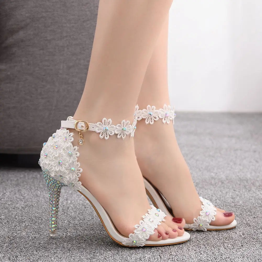 RBB Elegant White Crystal Lace High Heels – Bridal & Party Ankle Strap Sandals (5cm/7cm/9cm/11cm)