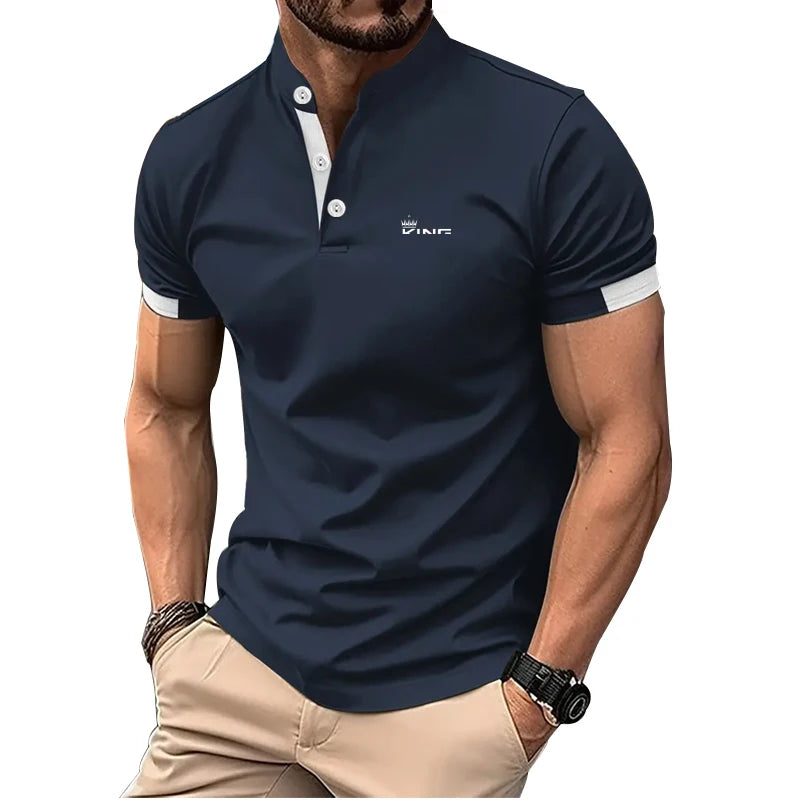 RBB Spring Summer Men’s Casual Stand Collar Golf Polo Shirt – Slim Fit, Short Sleeve, Letter Print