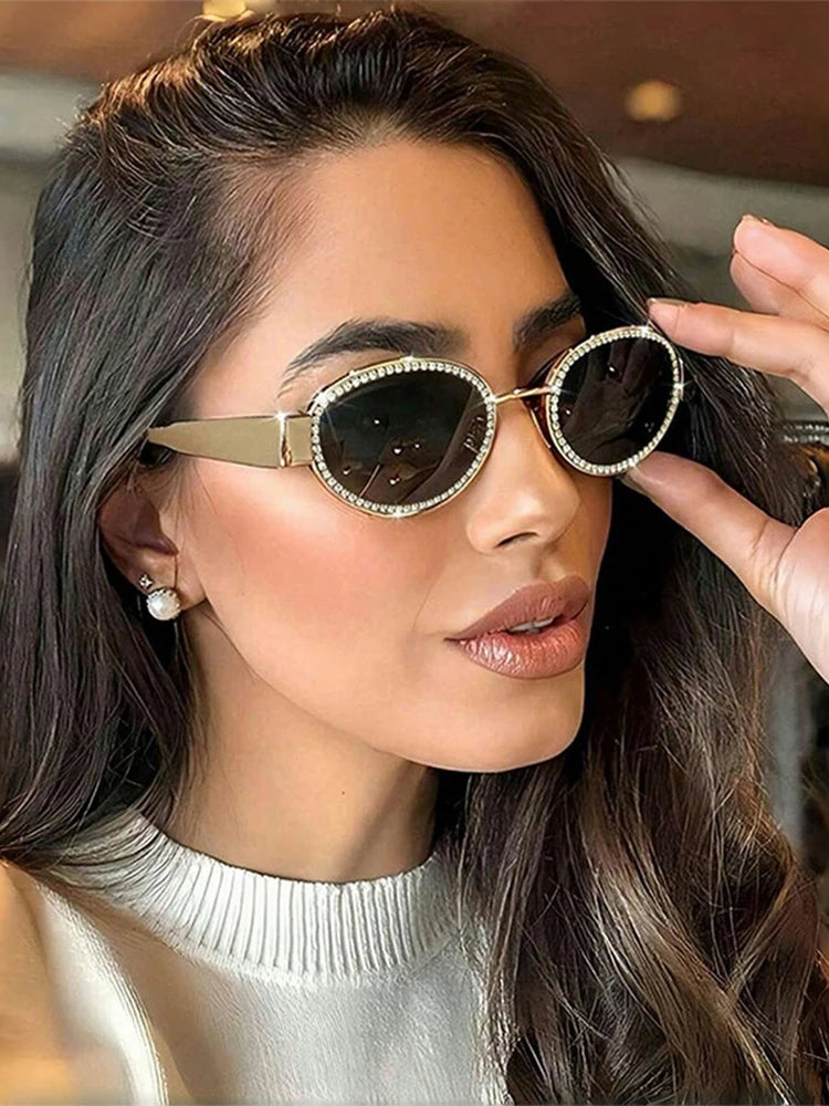 RBB Y2K Oval Drill Sunglasses for Women | Fashion Metal Frame | RBB European INS Style Shades