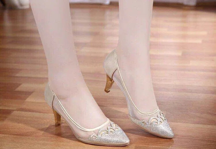 RBB Diamond Crystal Rhinestone Medium Heel Square Pumps – Elegant Women’s Dress Shoes 2025 Trend