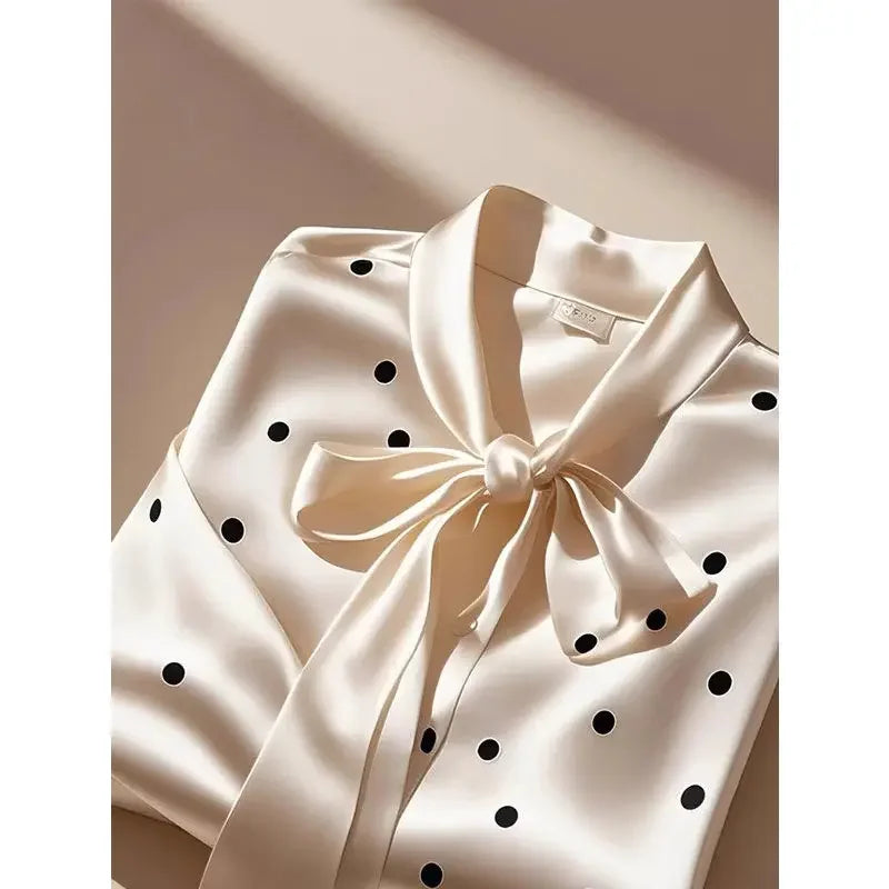RBB Women's Satin Polka Dot Blouse – Elegant Lace-Up Bow Long Sleeve Top