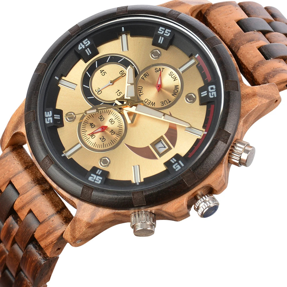 RBB Men’s Wooden Quartz Watch – Date & Week Display with Gift Box