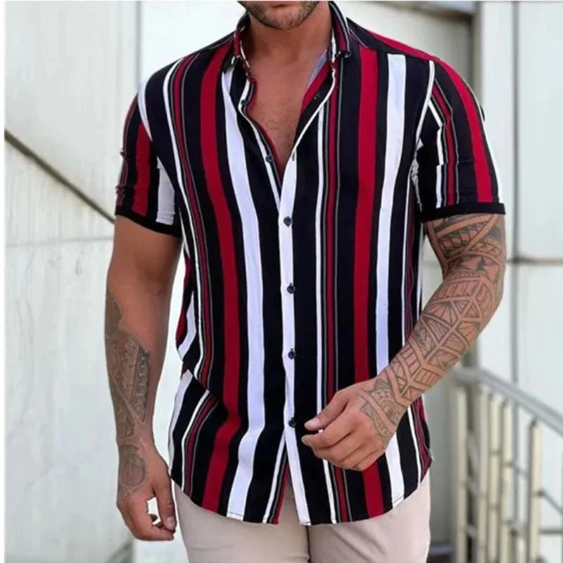 RBB Men's Striped Short Sleeve Button-Up T-Shirt – Turn-Down Collar Casual Summer Fashion Top