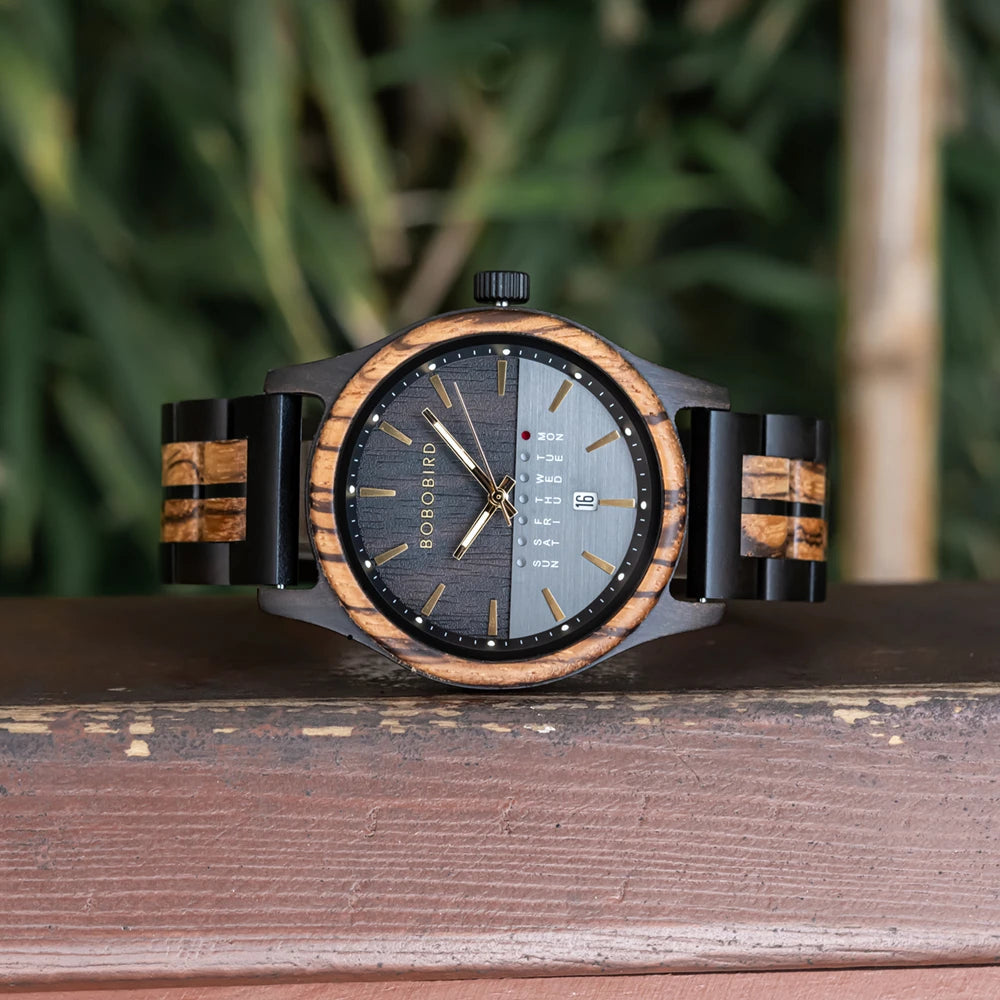RBB Men's Wooden Quartz Watch – Unique Design with Week & Date Display