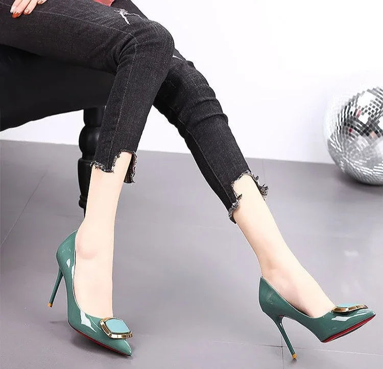 RBB Green Leather Women’s Pumps – Super High Heels (9cm+) | Korean Style Casual Fashion Shoes | Quick Delivery | Size 39