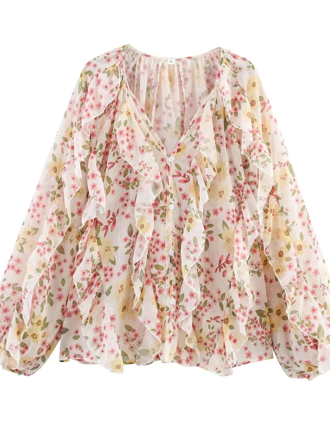 RBB Women's Summer V-Neck Ruffle Blouse – Sheer Tiered Button-Front Beach Top