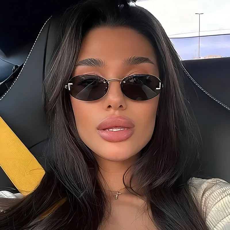 RBB Retro Oval Rimless Sunglasses – Unisex Elegant Diamond Style with Letter “F” Detailing