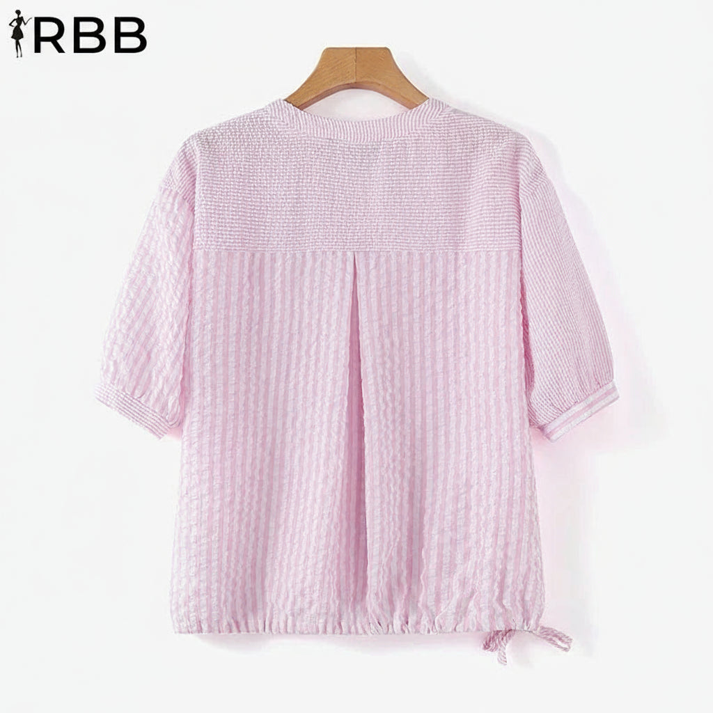 RBB Summer Elegant Striped Women’s Blouse – V-Neck Half Sleeve Loose Fit Drawstring Hem Top