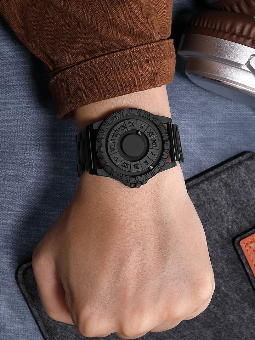RBB New Men’s Black Stainless Steel Quartz Wristwatch – Magnetic Bead Pointer, Conceptual Dial, Casual Style