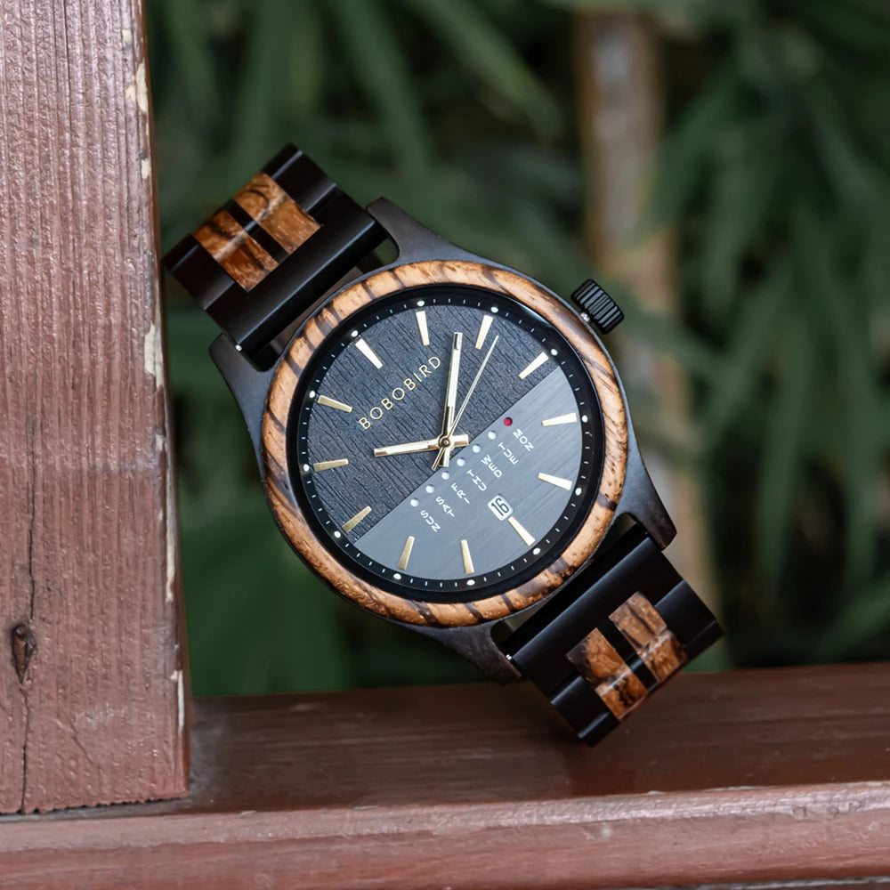 RBB Men's Wooden Quartz Watch – Unique Design with Week & Date Display