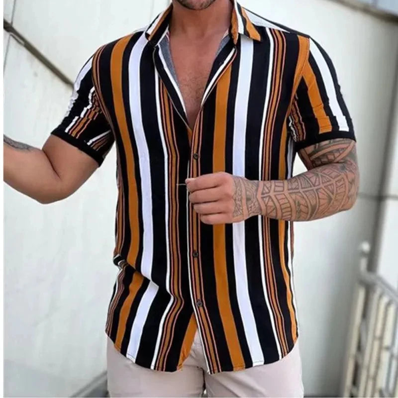 RBB Men's Striped Short Sleeve Button-Up T-Shirt – Turn-Down Collar Casual Summer Fashion Top