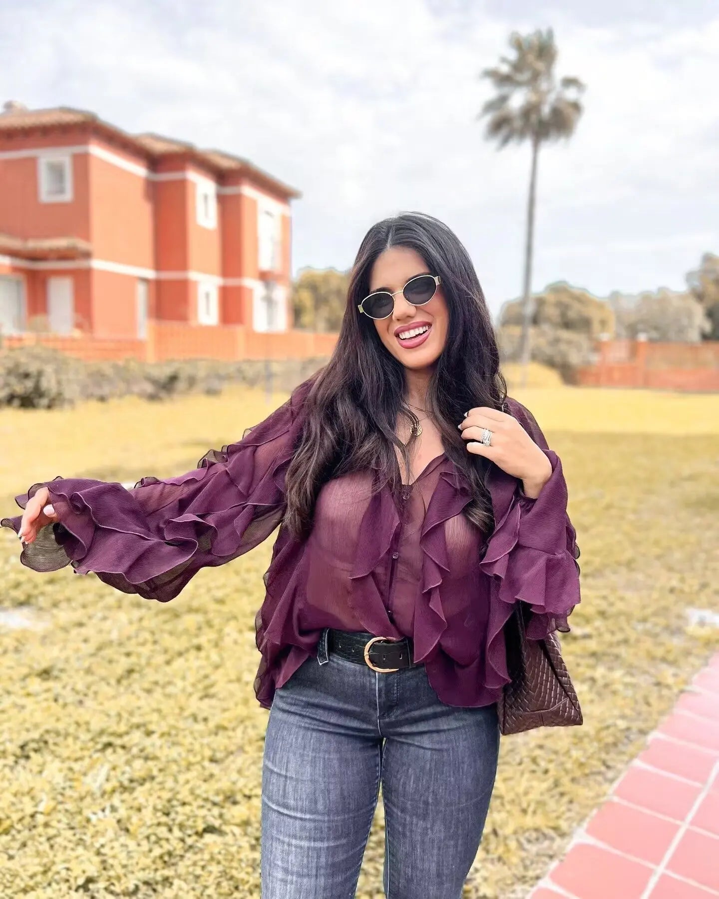 RBB Women's Summer V-Neck Ruffle Blouse – Sheer Tiered Button-Front Beach Top