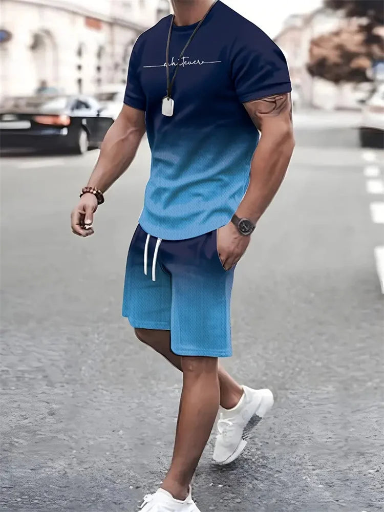 RBB Men’s 2-Piece Summer Outfit – 3D Printed Short Sleeve T-Shirt & Casual Shorts Sportswear Tracksuit