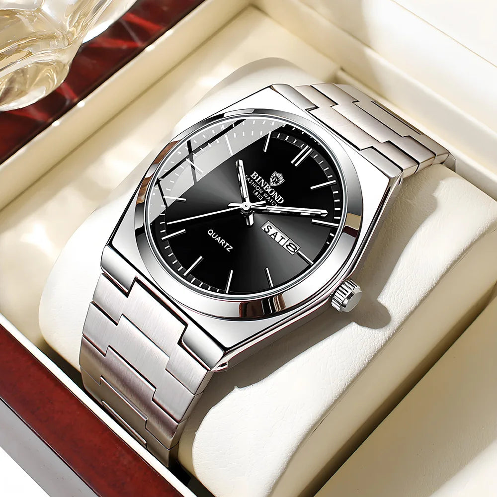 RBB Men’s Luxury Quartz Watch – Stainless Steel, Double Calendar, Waterproof, Business & Leisure Style