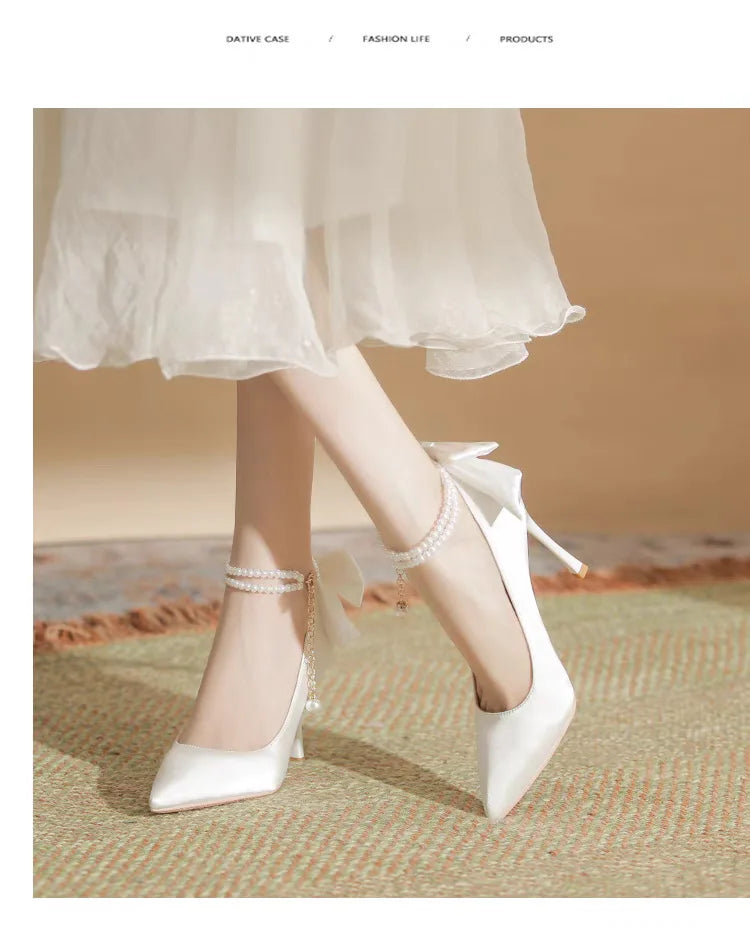 RBB Elegant White Stiletto Heels with Pearl Buckle & Satin Bow – Bridal & Party Pumps (Size 35–40)