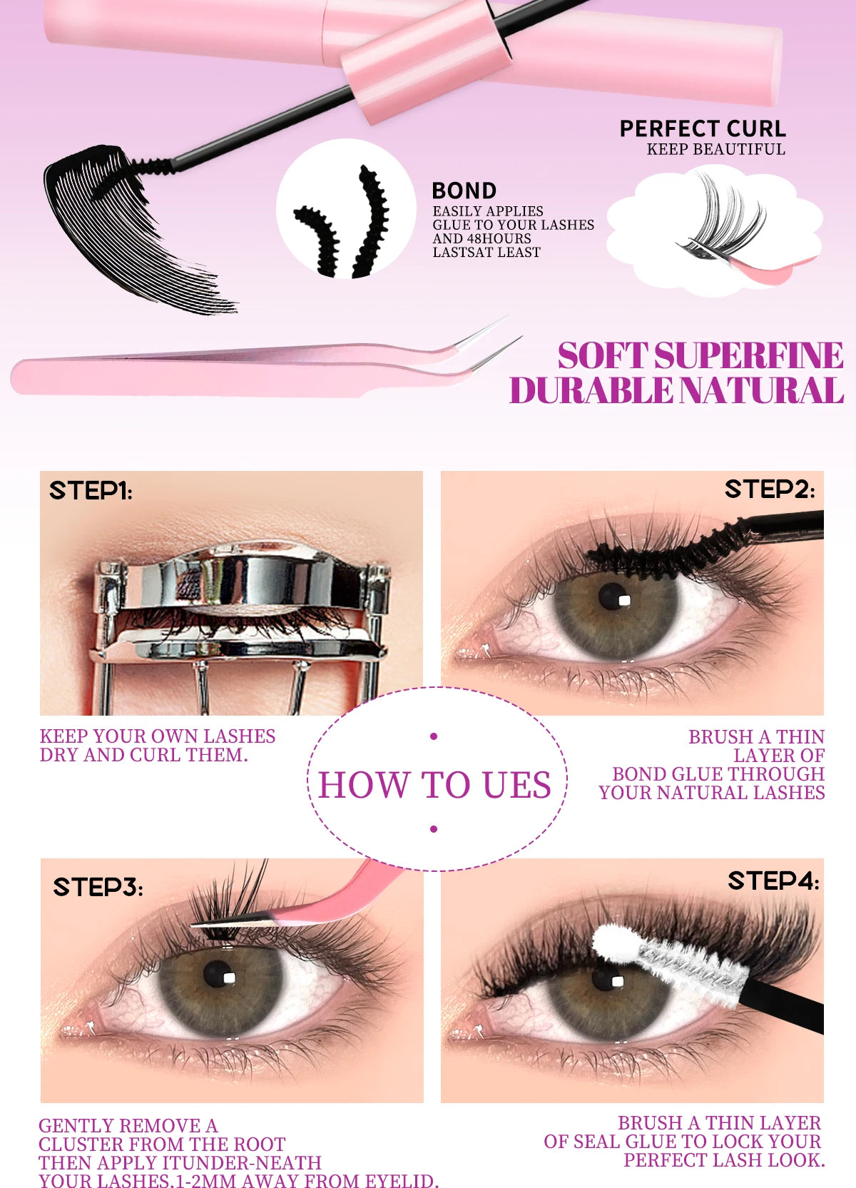 DIY Lash Clusters Set – Mixed Fluffy Individual Extensions with Lash Bond & Seal Kit