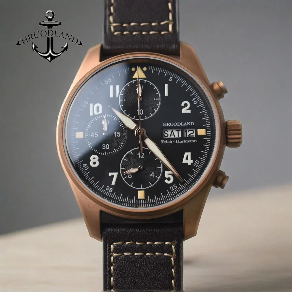 RBB Solid Bronze Men's Quartz Pilot Watch – Chronograph, Sapphire Crystal, 100M Waterproof, Leather Strap