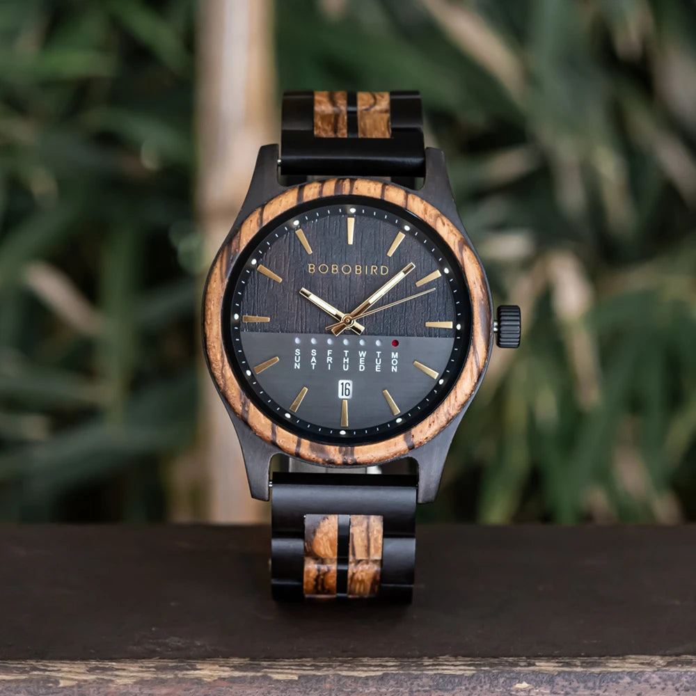 RBB Men's Wooden Quartz Watch – Unique Design with Week & Date Display