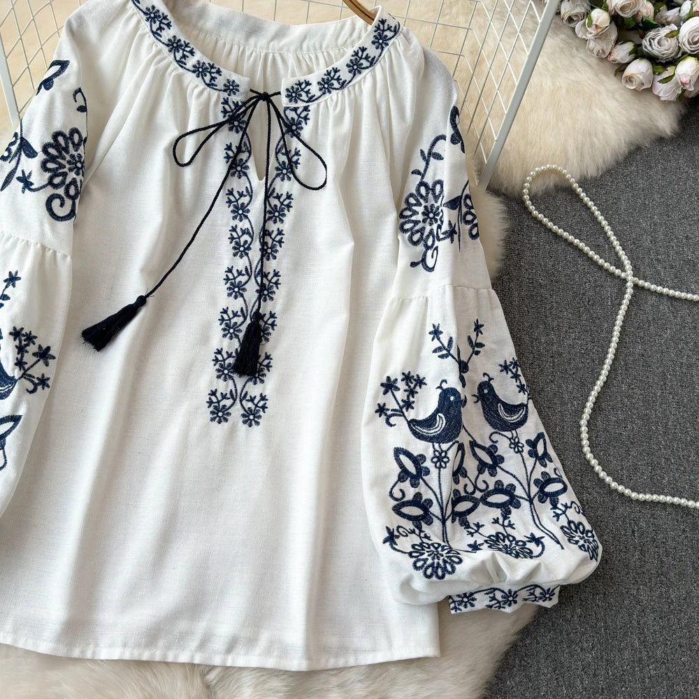 RBB Women's Retro Ethnic Embroidered Shirt –  Style Loose Long Sleeve Blouse