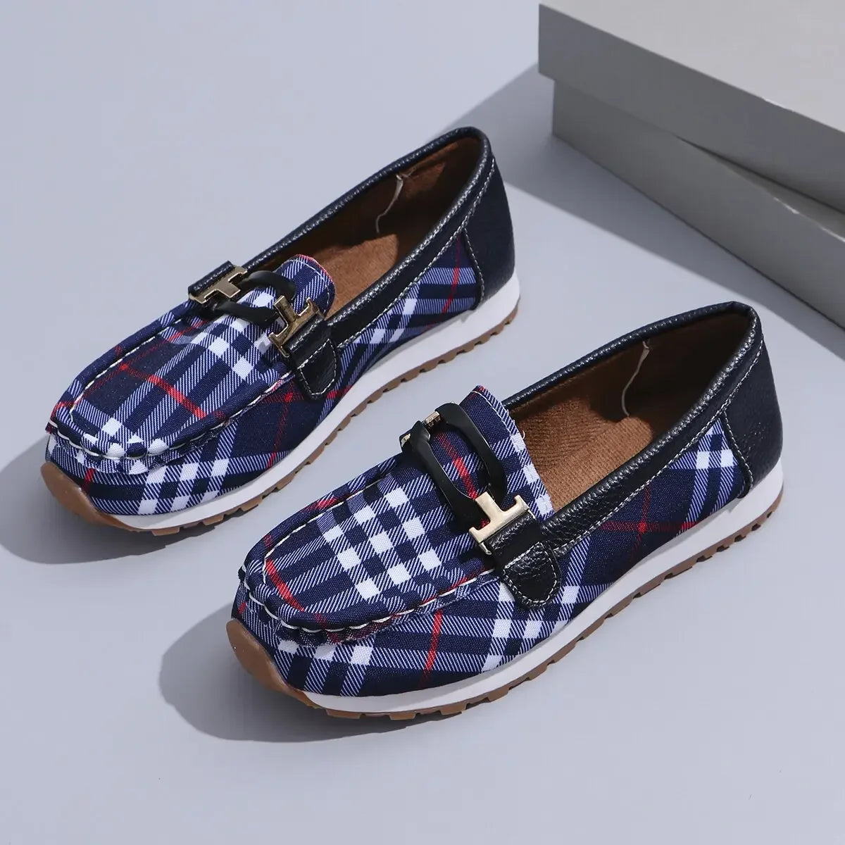 Women’s Plaid Canvas Loafers – Slip-On Casual Non-Slip Walking Shoes