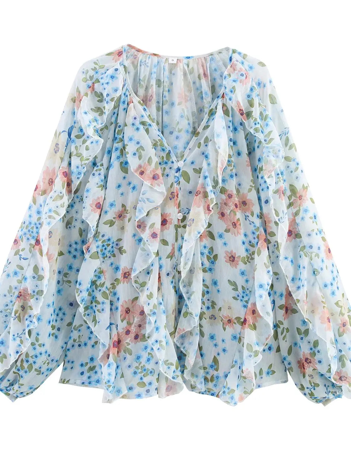 RBB Women's Summer V-Neck Ruffle Blouse – Sheer Tiered Button-Front Beach Top