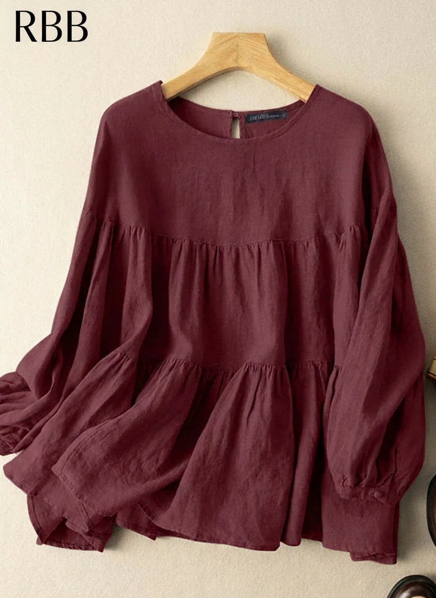 RBB Vintage Cotton Long Sleeve Women’s Blouse – O-Neck Solid Casual Shirt with Button Cuffs