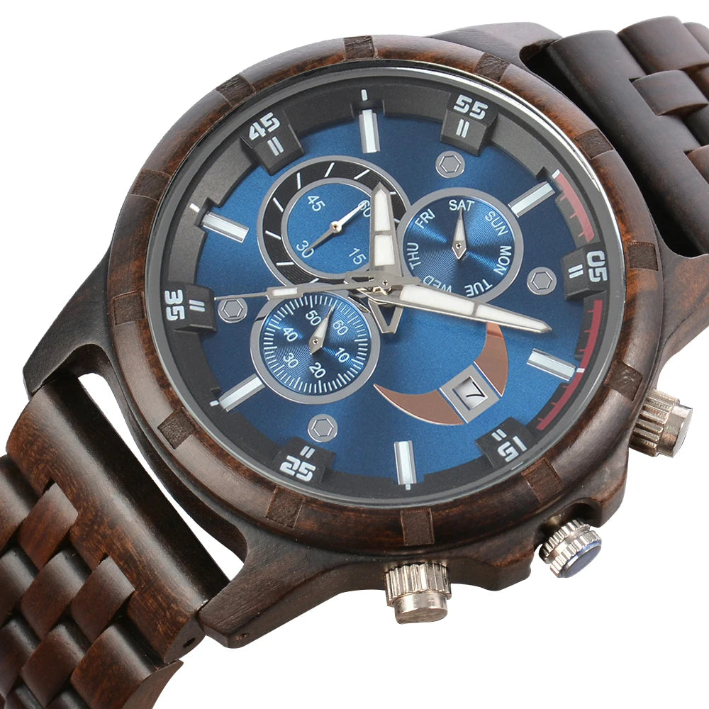 RBB Men’s Wooden Quartz Watch – Date & Week Display with Gift Box