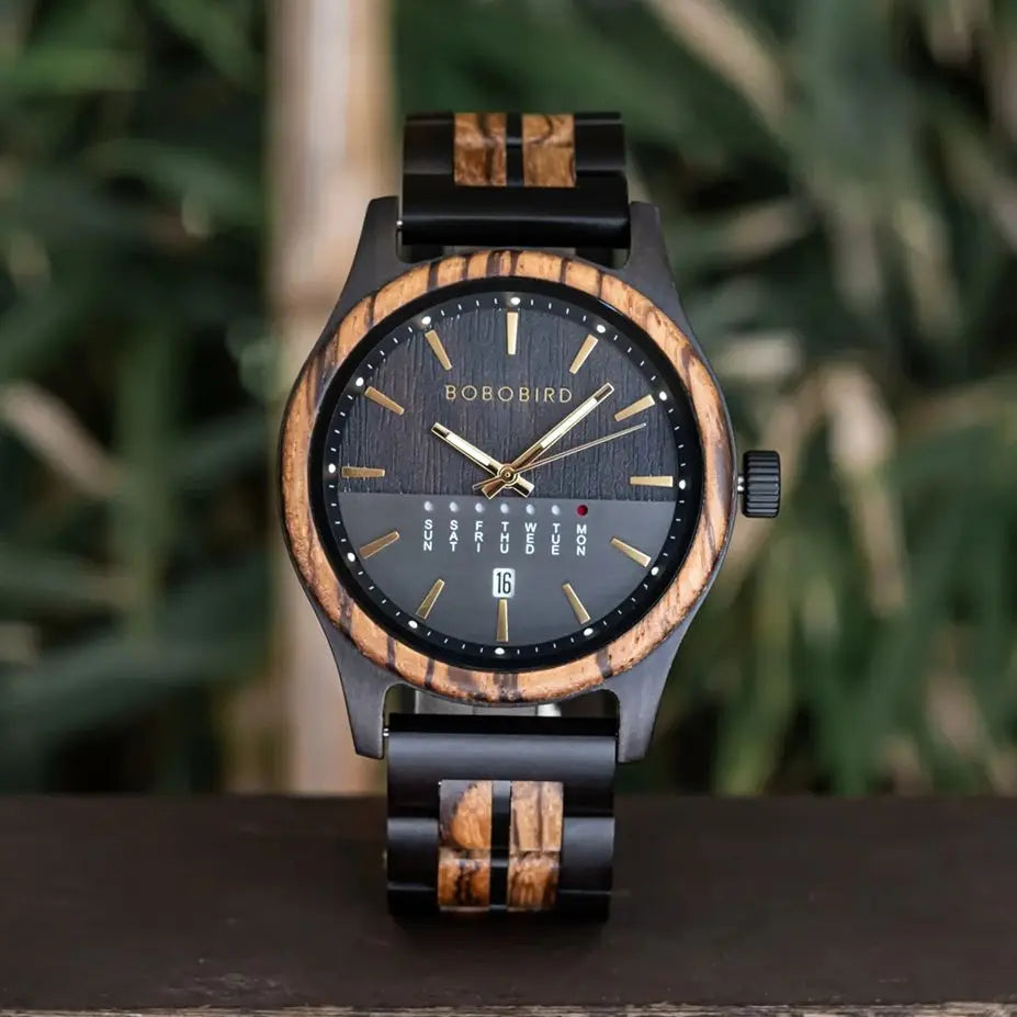 RBB Men's Wooden Quartz Watch – Unique Design with Week & Date Display