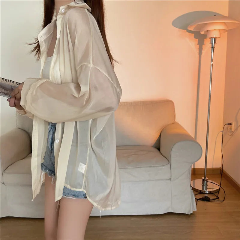 RBB Women’s Semi-Sheer Shimmer Long Sleeve Shirt – Lightweight Button-Down Collared Top for Spring/Summer