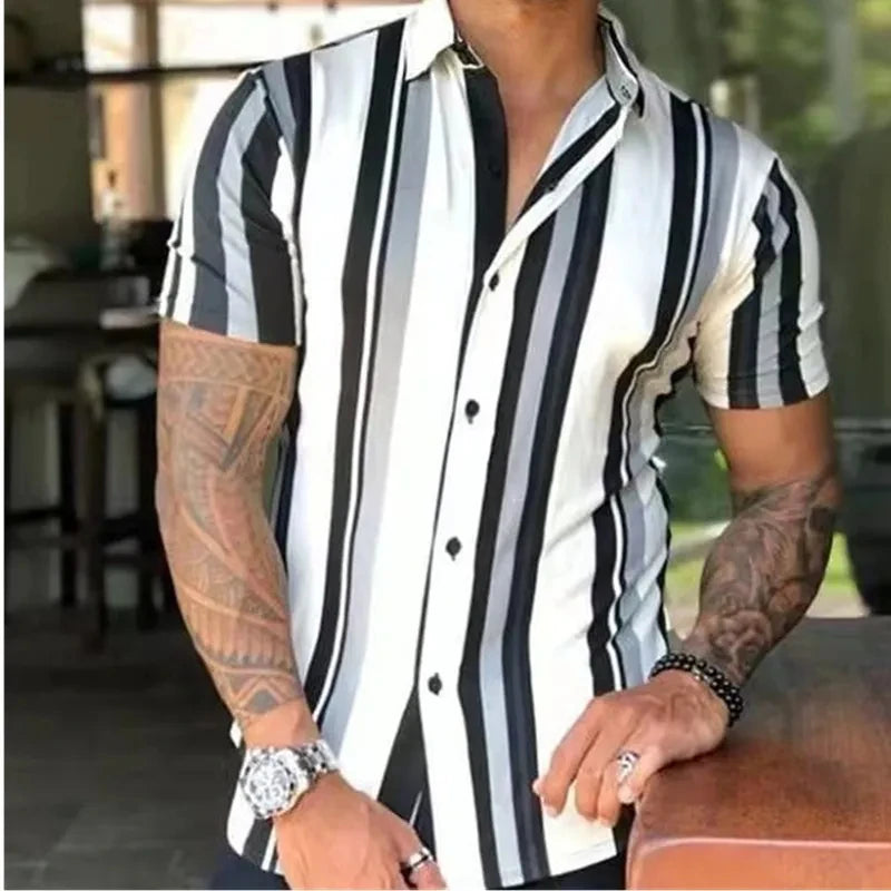 RBB Men's Striped Short Sleeve Button-Up T-Shirt – Turn-Down Collar Casual Summer Fashion Top