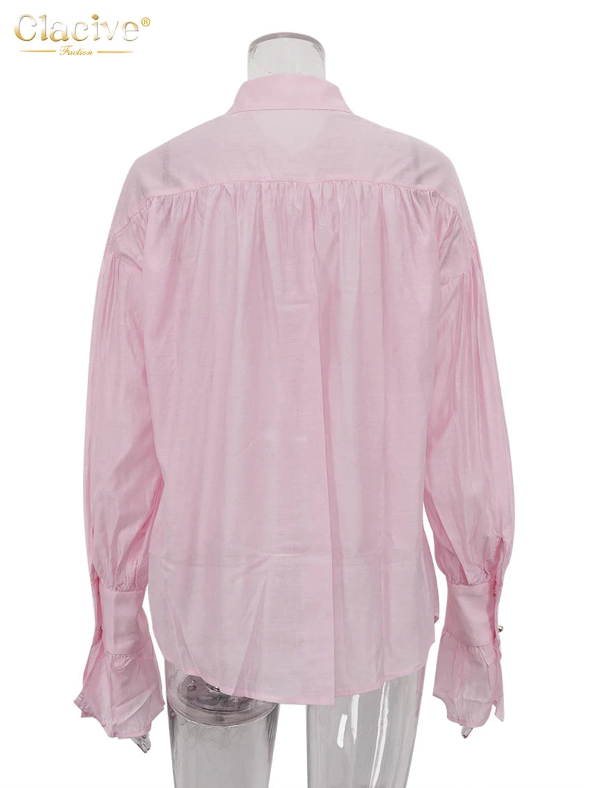 RBB Women's Elegant Pink Office Blouse – Long Sleeve Lapel Classic Shirt Top